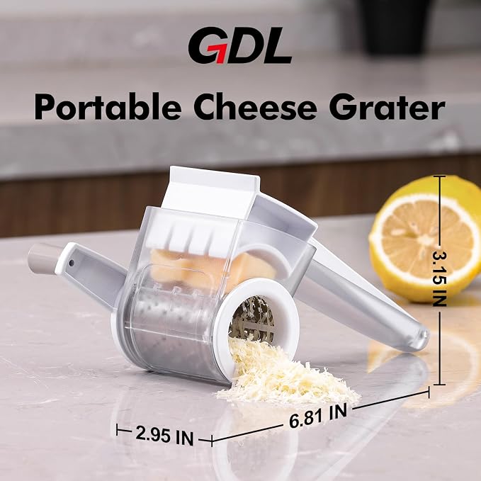GDL Cheese Grater Hand Crank, Kitchen Rotary Grater Handheld, Dishwasher Safe Parmesan Cheese Grater with Stainless Steel Blade for Hard Cheese,Chocolate,Nuts (White+Grey)