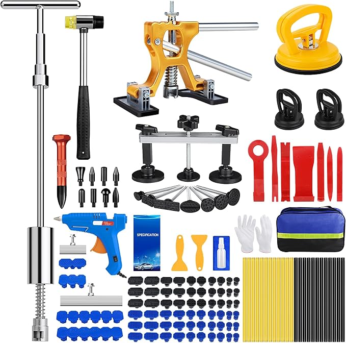 Sigoobal Car Dent Puller Kit, 135pcs Paintless Dent Removal Kit, Car Dent Repair Kit with Golden Lifter, Bridge Puller, Slide Hammer 2 in 1 T-Bar, Dent Puller for Car Refrigerator Door Ding Repair