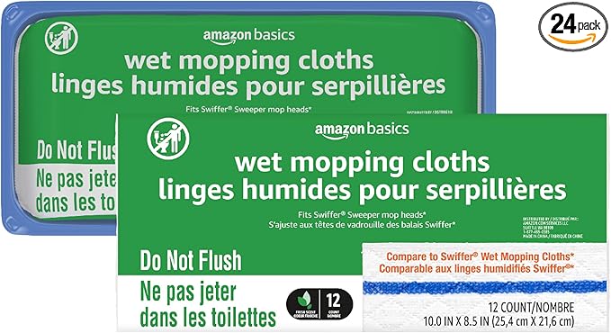 Amazon Basics Wet Mopping Cloth Refills, 24 Count (2 Packs of 12), Fits Swiffer Sweeper Mop Heads