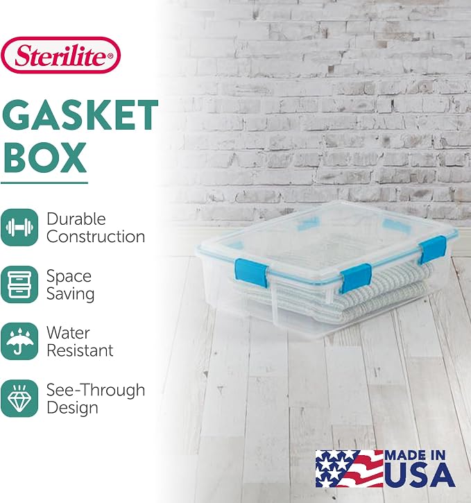 Sterilite Gasket Storage Box with Lids for Home & Office, 37 Quart, 12-Pack | Heavy-Duty, Stackable, and Organizing Containers for Bathroom, Cabinet, Closet, and Garage, Clear and Blue Aquarium Latches