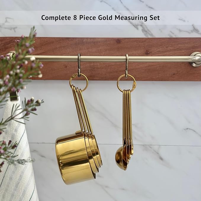Gold Measuring Cups and Spoons Set, Stainless Steel Measuring Cups, 8 Piece Gold Kitchen Measuring Set, Engraved Measurements, Durable Nesting Design