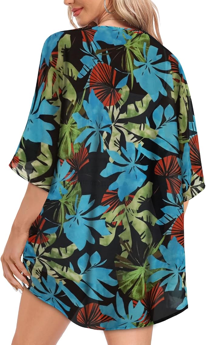Women Kimono Cardigans Summer Cover Up Hawaiian Shirts Floral Print Tops | ROSEMIA chiffon kimono open front cardigans, beach cover ups, daily casual tops, cruise outfits, summer resort wear