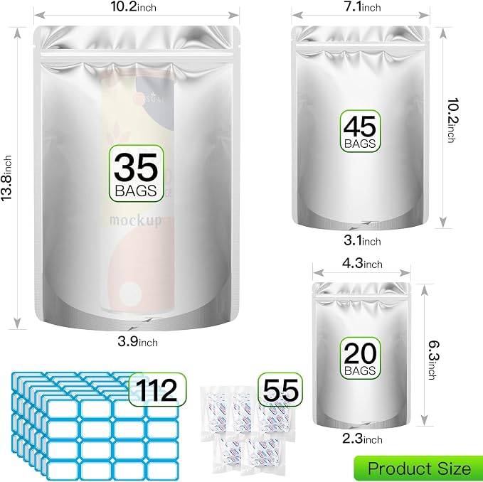 SYMYNELEC 100-Pack Mylar Bags with 400cc Oxygen Absorbers for Food Storage | 11.8 Mil Heavy Duty, 3 Sizes (1 Gallon, 1 Quart, 1/2 Pint), Stand-up Zipper, Resealable, Heat Sealable, Airtight, Smell Proof