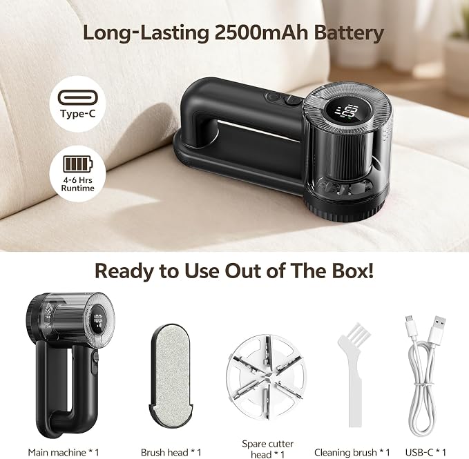 Rechargeable Fabric Shaver, 2-in-1 Lint Remover with 6-Blade | For sweaters, blankets, coats and cloth upholstery, with 200ml container, LED display, USB-C charging and 3 speeds