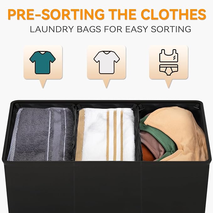 WOWLIVE 180L Laundry Hamper 3 Section, Large Laundry Basket with Lid | Dirty Clothes Hampers with Removable Bags and Handles, Collapsible Laundry Basket Organizer for Dorm Room, College, Black