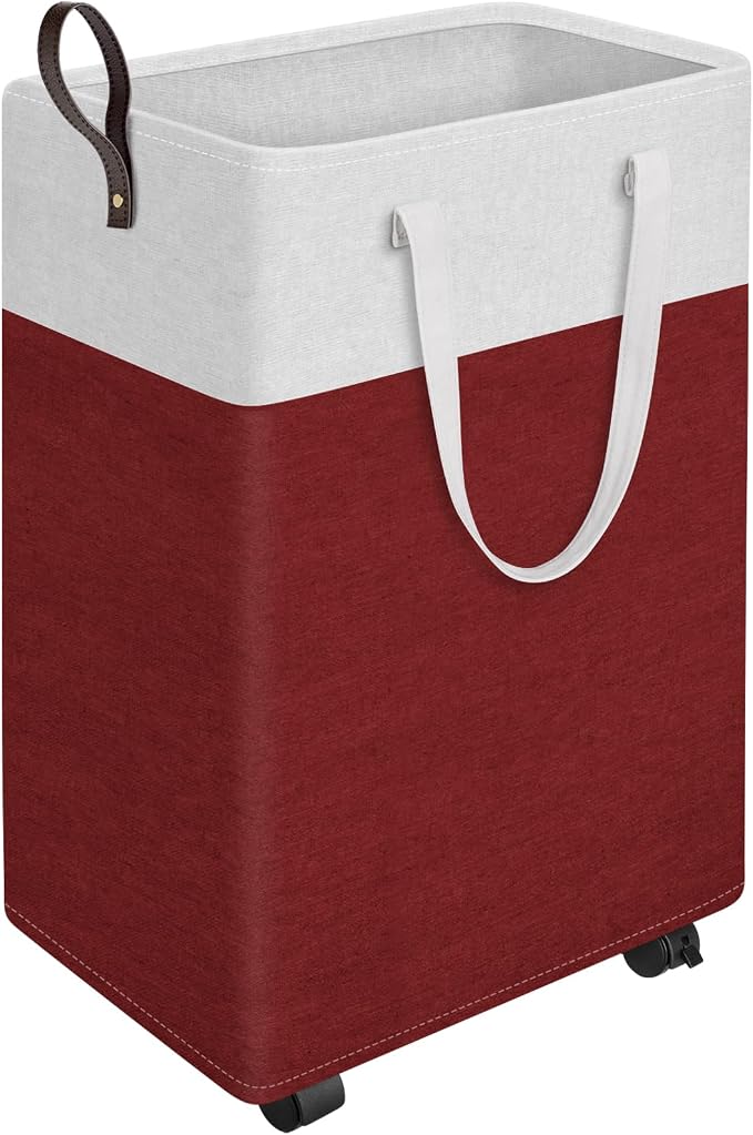 HomeHacks 90L Rolling Laundry Basket with 4 Wheels Collapsible Red | 4 Wheels, Waterproof PEVA Lining, Cotton Flax Fabric, Metal Frame, Bathroom Laundry Room Dorm Storage, Space-Saving Design