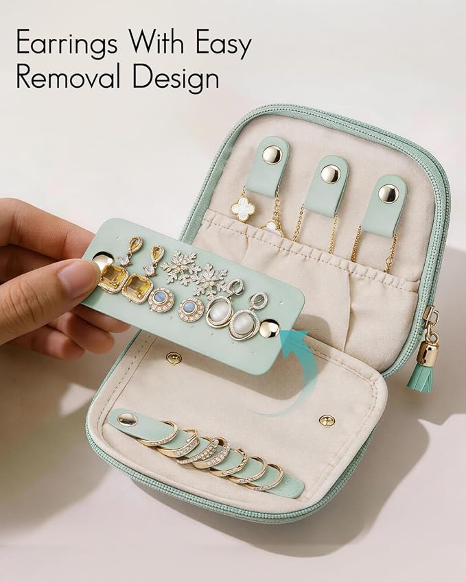 VLANDO 2-Layer Jewelry Travel Case for Necklaces,Rings,Earrings | Portable Organizer with Zip Closure Keeps Small Jewelry Separated for Vacations, Carry-On Purse, Weekend Trips, Green Grape