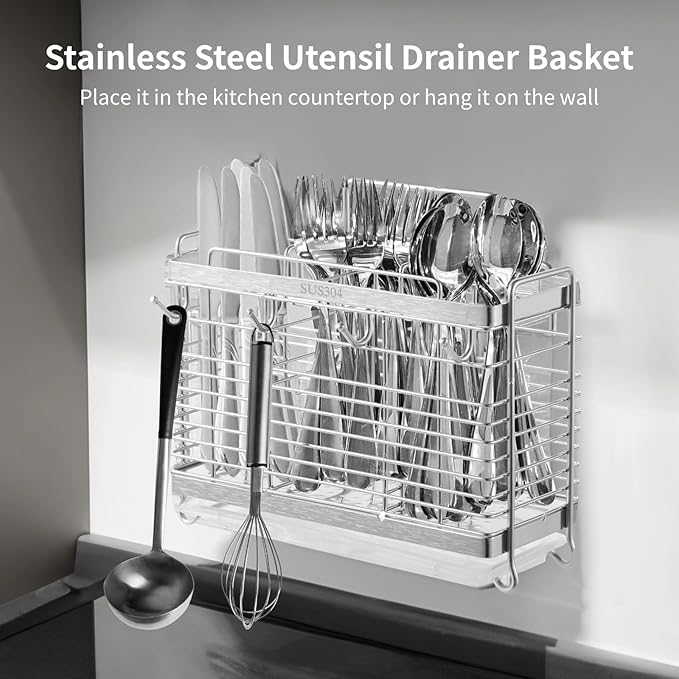 OMISTAR Silverware Drying Rack - Metal Basket, 3 Compartments Stainless Steel Wire Holder, Kitchen Countertop Organizer with 4 Hooks for Forks, Spoons, Chopsticks