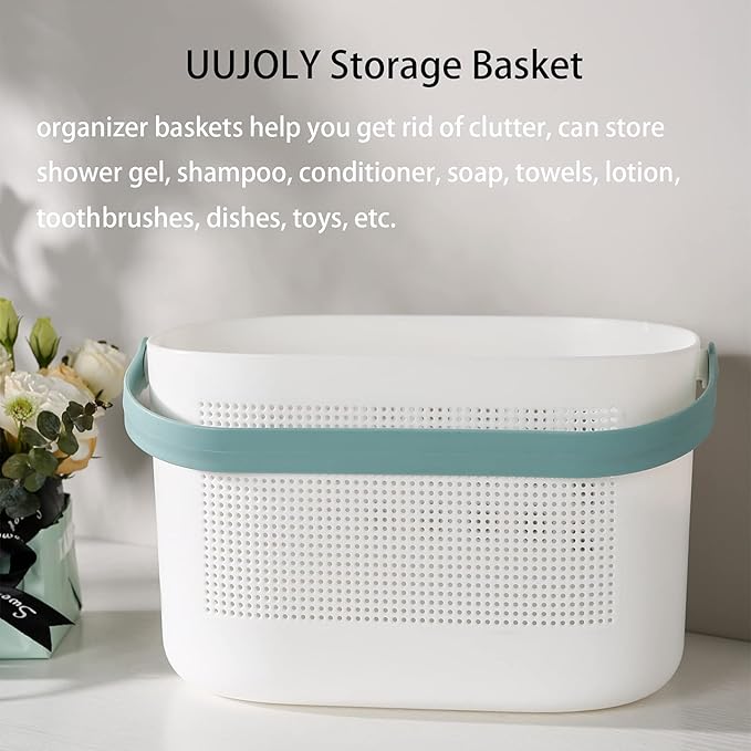 Plastic Protable Shower Caddy Basket, Storage Organizer, Green, 2 Pack | Bottom Drain Holes, Keep Dry, Sturdy and Durable, Easy to Carry for Bathroom, Kitchen, Dorm Room, RV, College
