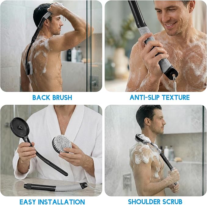 Back Scrubber for Shower, Long Handle Bath Brush with Soft Bristles, Adjustable Shower Brush for Body Exfoliating & Dry Brushing, Non-Slip Ergonomic Handle, Removable Head for Men & Women