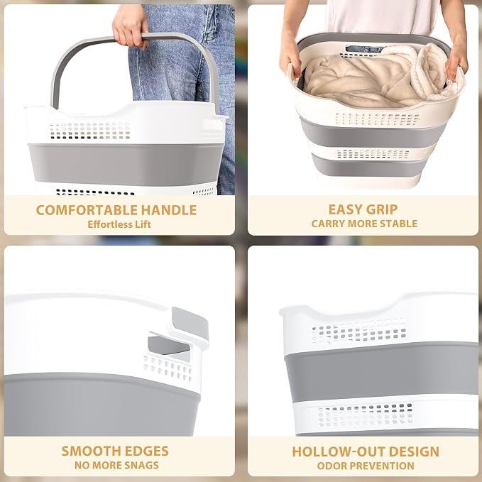 OOAMBB 43L(11.5Gallon) Collapsible Plastic Laundry Basket (Grey,1 Pack) | Foldable Laundry Basket with Handle,Pop Up Tall Storage Container/Organizer/Clothes Hamper for Laundry
