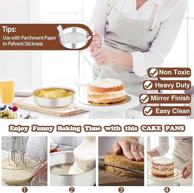 P&P CHEF 6 Inch Cake Pan Set of 4, Stainless Steel Baking Round Cake Pans Tins Bakeware for Birthday Wedding, Leak-proof & Easy Clean, Mirror Finish & Easy Releasing
