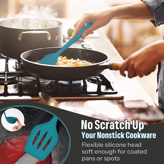Silicone Cooking Utensils Set, E-far 7-Piece Blue Heat Resistant Kitchen Utensils Set, Kitchen Nonstick Tools Spatula Ladle Spoon Pasta Server for Non-stick Cookware, Non-Toxic & Dishwasher safe