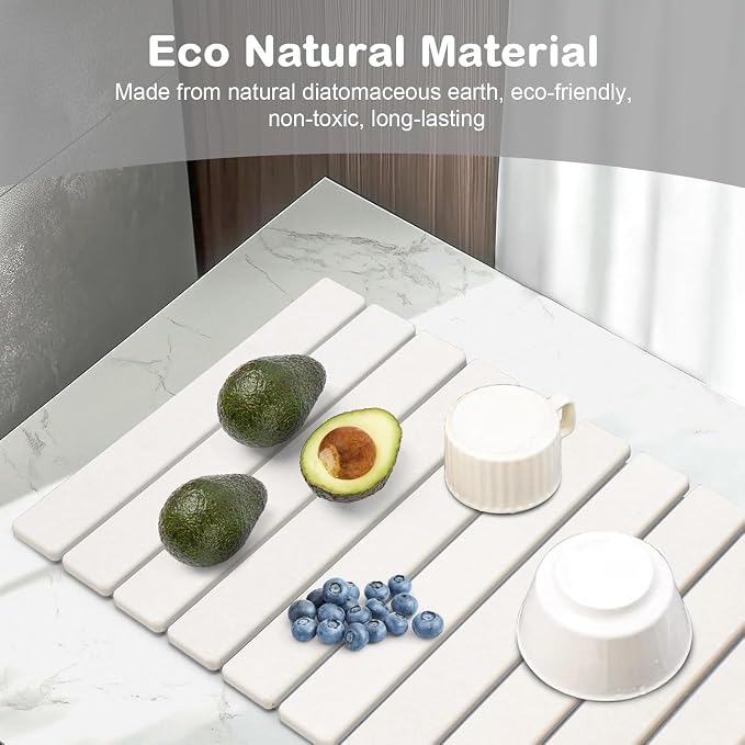 Large Stone Dish Drying Mat for Kitchen Counter, 24"(L)×16"(W), Collapsible Quick Drying Mat, Absorbent Eco-Friendly Diatomaceous Earth Mats for Dishes and Bottles, Match Any Countertop【White】