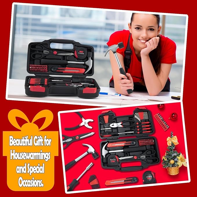 MARTCOLOR 58 Piece Household Tool Set, General Household Hand Tool Kit with Plastic Toolbox Storage Case, All Purpose Household Tool Kit for Home, Garage, Office and College Dormitory Use, Red