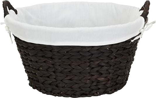 Household Essentials Round Wicker Laundry Basket with Handwoven Water Hyacinth, Metal Frame Support, and Removable Polyester Liner, Brown Finish and White