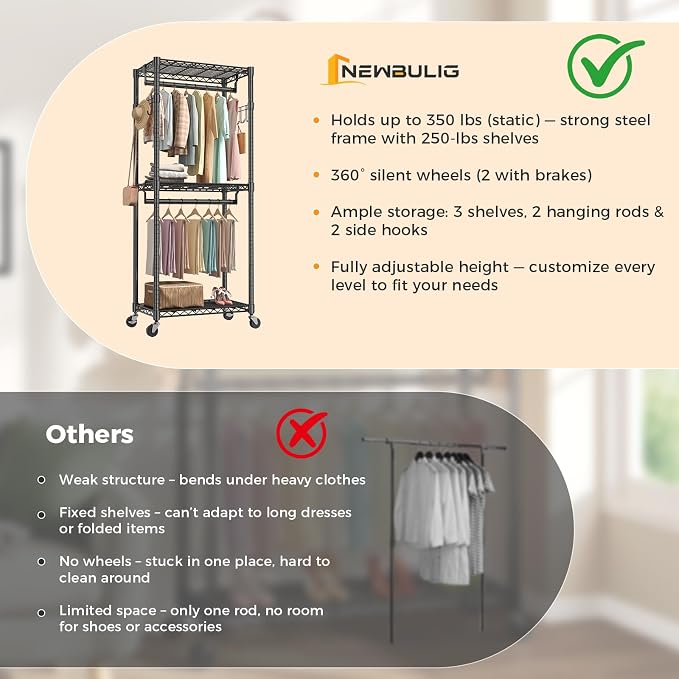 NEWBULIG Heavy Duty Clothing Rack with Wheels, 3-Tier Adjustable Wire Garment Rack, Metal Freestanding Closet Organizer System with Double Hanging Rods & 8 Side Hooks, 29" x 15" x 75", Black