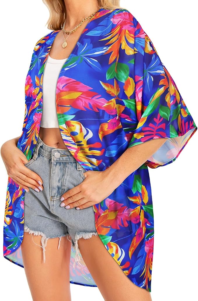 Women Kimono Cardigans Summer Cover Up Hawaiian Shirts Floral Print Tops | ROSEMIA chiffon kimono open front cardigans, beach cover ups, daily casual tops, cruise outfits, summer resort wear