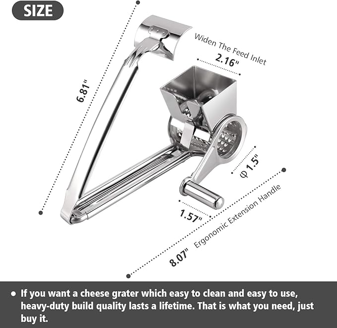 TONMA Multipurpose Rotary Cheese Grater with 1 Stainless Steel Handheld Drums for Parmesan, Mozzerella, Vegetables and More, Ergonomic Design
