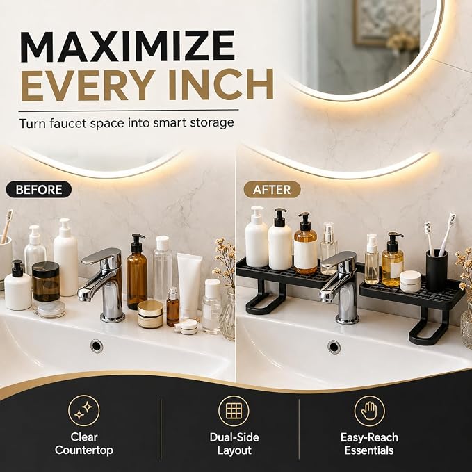 Over Sink Faucet Storage Rack, 2027 New No-Drill Free Standing Faucet Storage Shelf, Space-Saving Bathroom Countertop Organizer for Kitchen & Bathroom, Easy Drainage (Black)