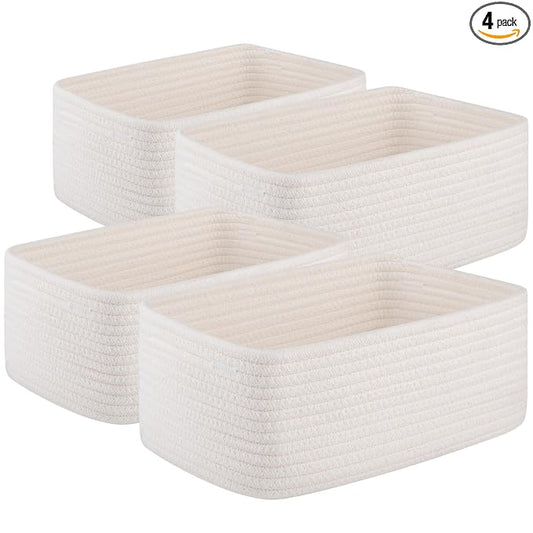 OIASKET 4 Pack Small Storage Shelf Baskets for Organizing, Mini Woven Rope Storage Bins for Towels, Cute Decorative Closet Organizer，Baby Nursery, Gift Empty Baskets -13''Lx8.66''Wx5.11''H-White
