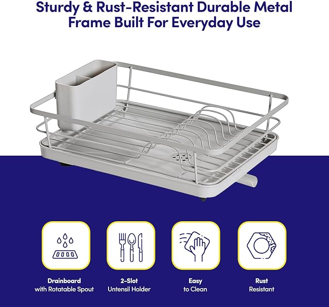 Dish Drying Rack 3 Piece Dish Drainer with Drainboard Set for Kitchen Counter ✅– Dish Rack with Removable Utensil Holder & Swivel Spout for Countertop ✅– DishRack for Plates, Cups & More, Silver