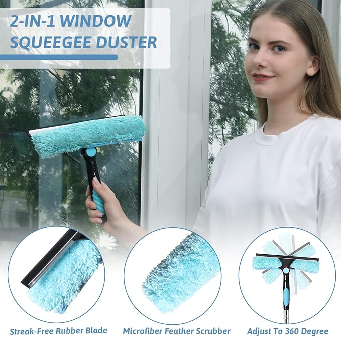 MAYKI 20 Foot High Reach Dusters for Cleaning 5 PCS, Ceiling Fan Dusters with Extension Pole, Cobweb Duster with Extension Pole for High Ceilings/Fans, 2 in 1 Window Squeegee Duster