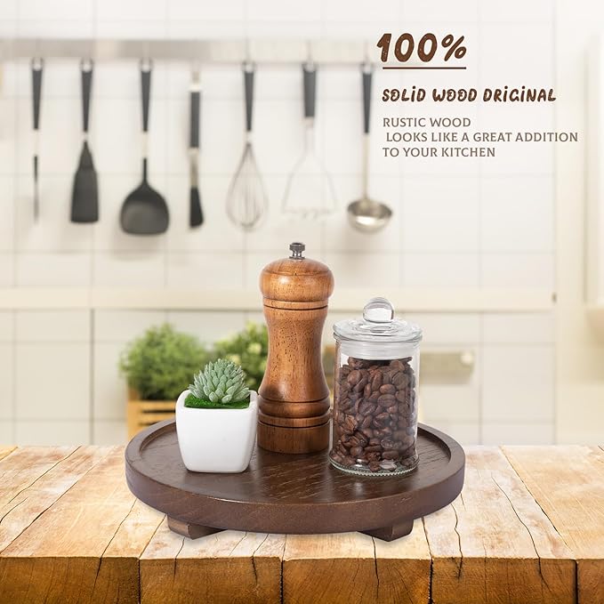 Round Decorative Tray Wood Bathroom Counter Organizer Farmhouse Kitchen Decor Wooden Riser for Soap Dish, Perfume, Candle, Sponge, 9" - Walnut