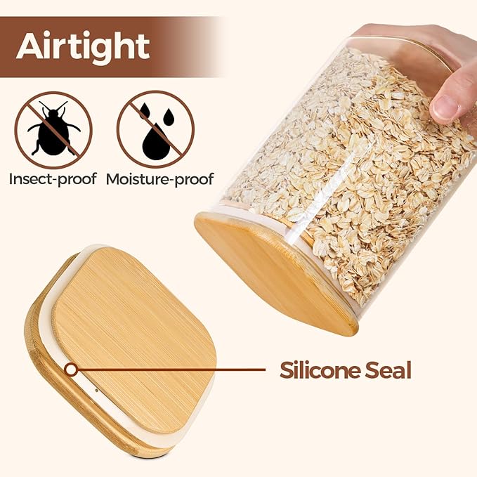 ComSaf Glass Spaghetti Pasta Storage Containers with Lids 2.2 Qt Set of 3, Tall Clear Airtight Food Storage Jar with Lid for Noodles Flour Oat Cereal Sugar Beans, Square Spaghetti Pantry Containers