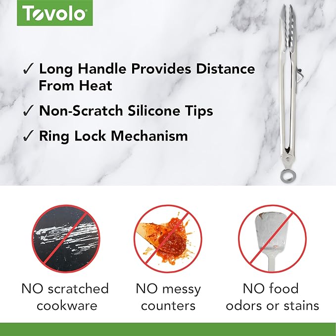 Tovolo Tip Top Tongs, Easy-Grip Kitchen Tongs for Cooking With Silicone Tips, Easy Locking Mechanism, Cooking Utensil With Resting Foot, Heat-Resistant & BPA-Free Silicone Tips, Oyster Gray