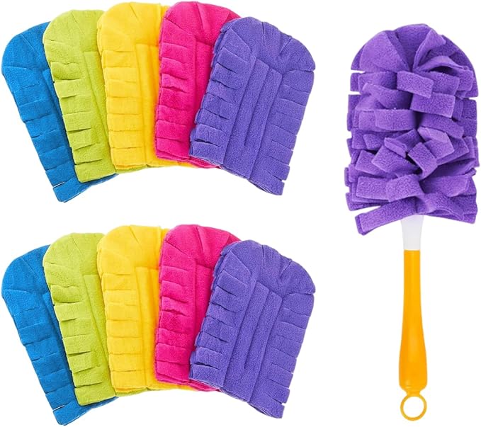 10 Pack Reusable Fleece Duster Refills with Detachable Handle, Washable Microfiber Dusters for Cleaning, 360° Dry Wet Microfiber Duster Refill Compatible with Standard Cleaning Handles (10)
