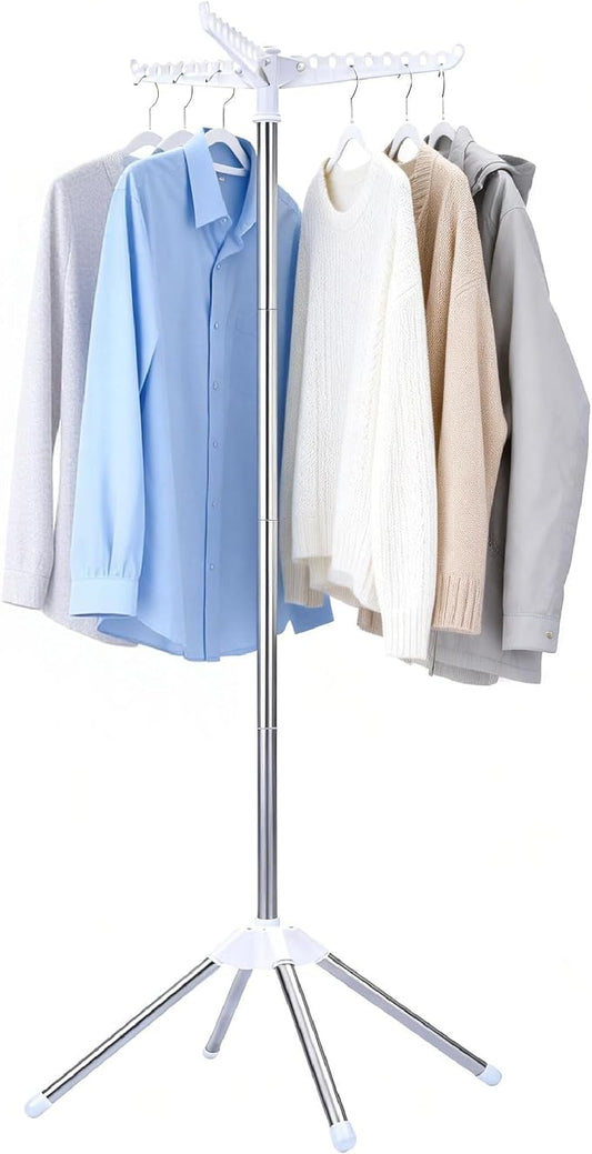 Beaudaily Clothes Drying Rack, Foldable Laundry Drying Rack, Indoor 59-Inch Drying Rack Clothing with 3 Rotatable Arms, Stainless Steel, Holds 27 Pieces, Space Saving, Portable, White and Silver