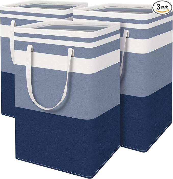 BlissTotes 3-Pack Laundry Basket, Collapsible Laundry Hamper, Blue, 75L | Laundry Clothes Hamper, Hampers for Bedroom, Freestanding Hamper with Handles, Clothes Laundry Basket