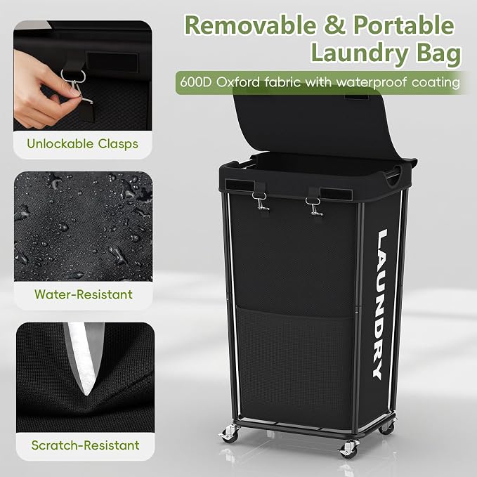 Laundry Hamper with Wheels and Lid, 110L Large Rolling Laundry Basket White | Heavy Duty Clothes Organizer, Sturdy Metal Frame, Lockable Swivel Casters, Removable Bag, For Bedroom, Bathroom, Laundry Room