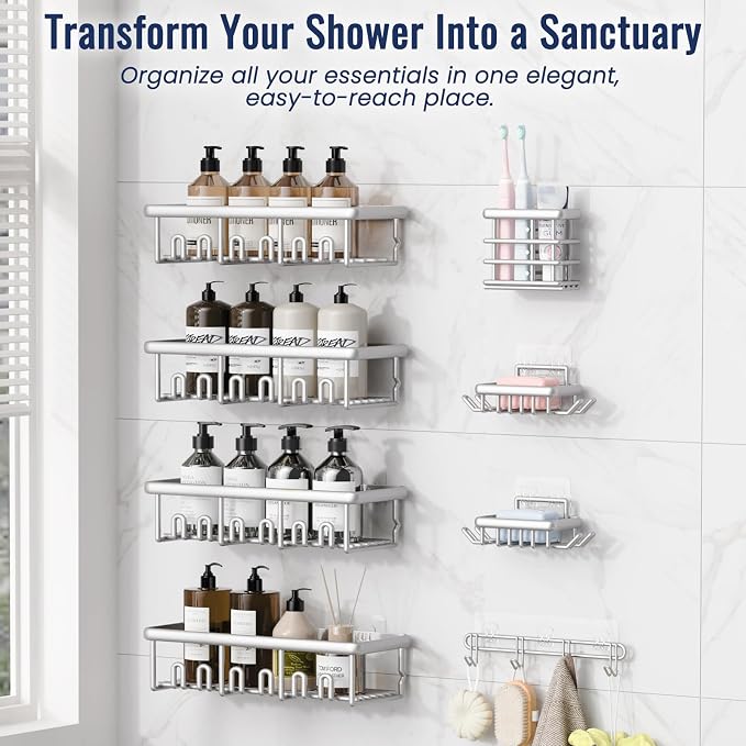 8 Pack Adhesive Rustproof Shower Caddy with Soap Dishes, Toothbrush Holder & Hooks, Large Capacity No-Drilling Shower Shelves Rack for Bathroom Organizers and Storage Accessories, White