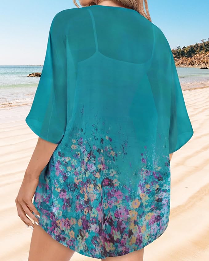 Women Kimono Cardigans Summer Cover Up Hawaiian Shirts Floral Print Tops | ROSEMIA chiffon kimono open front cardigans, beach cover ups, daily casual tops, cruise outfits, summer resort wear