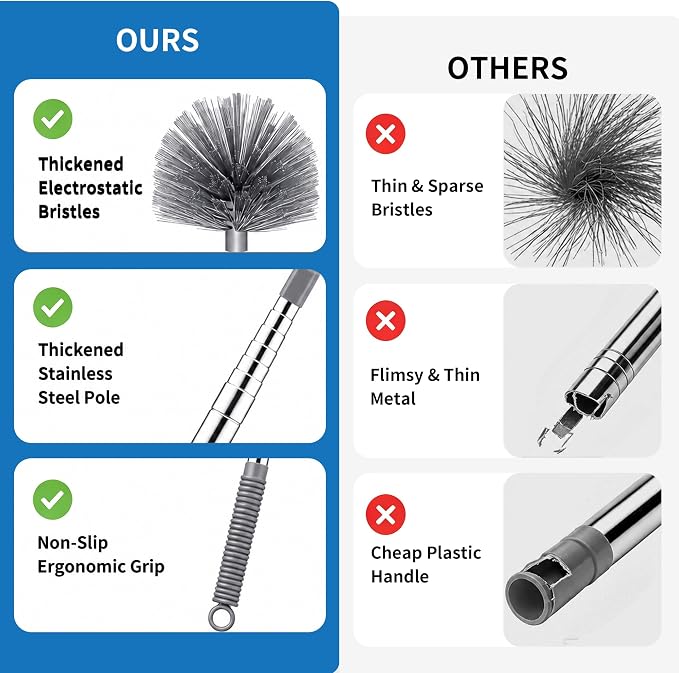 Cobweb Duster with Extension Pole, 90" Spider Web Brush, Grey | Cobweb duster with extension pole & stainless steel telescopic handle. For ceilings, fans & corners. Collapses to 15.7".