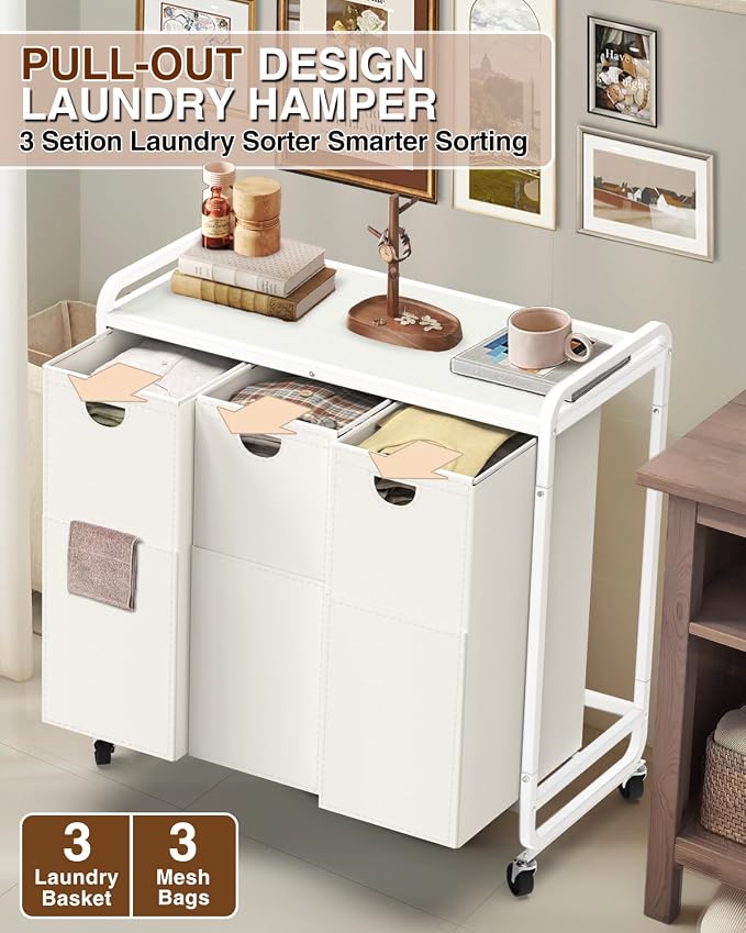 Laundry Hamper 3 Section,Laundry Basket with Wheels,3×15.8 Gal (60L) White | Laundry Room Organization with Wooden Desktop Shelf,Pull-Out and Removable 900D Oxford Fabric Laundry Bags for Laundry Room