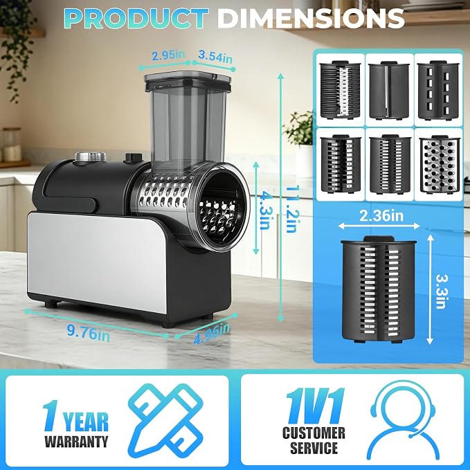 6-IN-1 Electric Cheese Grater Stainless Steel 800W, [3S Efficient Cutting], Heavy Duty Electric Cheese Grater for Block Cheese, Parmesan, Vegetable, Ice Shave（Silver）
