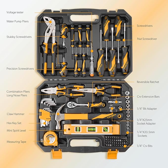 TOLSEN 89-Piece Tool Set Home Tool Kit, Household Screwdriver Set with Hammer, Drill Bits, Ratchet, Hex Key, Tape Measure, Plastic Toolbox Storage Case for Home Mechanic Auto Repair