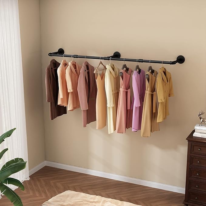 Wall Mounted Clothes Rack 72.5in, Industrial Pipe Clothing Racks Wall Mount, Heavy Duty Detachable Iron Garment Bar, Saving Space, Multi-Purpose Hanging Rod for Bedroom, Laundry Room, 2 Packs