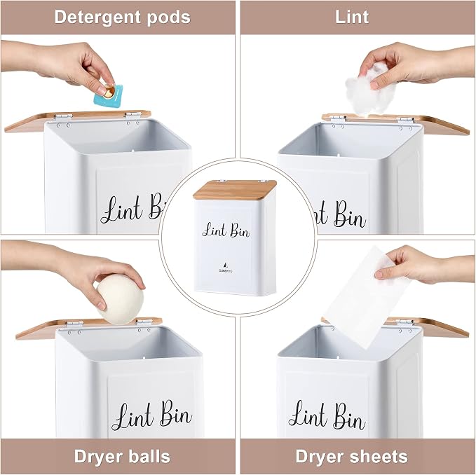 SUBEKYU Magnetic Lint Bin for Laundry Room Organization and Storage,White | Wall Mounted Metal Lint Box Holder Trash Can with Bamboo Lid for Dryer,Lint Basket for Laundry Room Decor