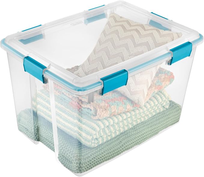 Sterilite 19384304 80 Quart/76 L Gasket Box, Clear Lid & Base with Blue Aquarium Latches & Gasket (4 Pack)