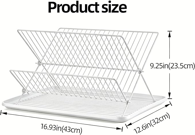 White Foldable 2-Tier Dish Rack - Heavy-Duty Metal Drying Rack with Removable Drip Tray, Collapsible Kitchen Sink Organizer for Plates, Bowls, Cups & Utensils