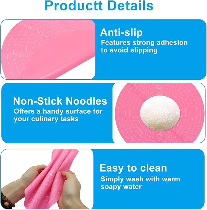 2Pcs 12 Inch Round Silicone Cake Mat with Measurements, Non-Stick Baking Mat for Cake Turntable, Dough Rolling, Cookies & Pizza, Heat Resistant Reusable Pastry Pad(Blue+Pink)