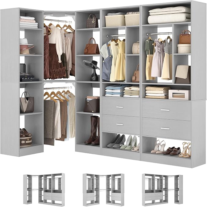 Besiost Large Corner Closet System with 3 Sets, 87.2" Closet Organizer System with 4 Drawers & 4 Hanging Rods, Reversible L Shaped Walk-in Closets, Load 2000+LBS, Grey (87.2" L x 39.2" W x 80" H)