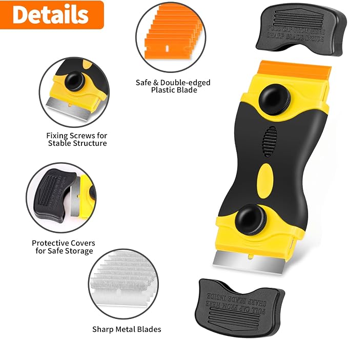 Razor Blade Scraper Tool - Razor Scraper with 40 Metal & Plastic Blades | Scrapper for Cleaning Paint, Decal, Adhesive, Label & Caulk, Glass Scraper for Window, Cooktop, Oven & Stove Top(Yellow)