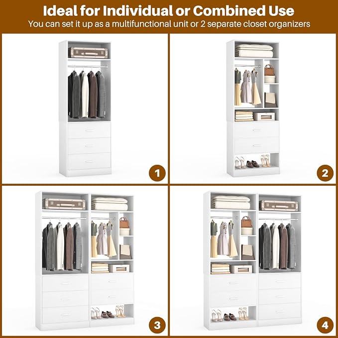Besiost 4FT Closet Systems with 5 Wood Drawers, 48 Inch Closet Organizer System with 2 Hanging Rods & 7 Shelves, Heavy Duty 48" Walk-in Closet , White (48"L x 15" W x 80" H)