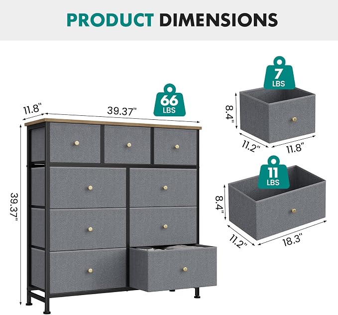 OLIXIS 9 Drawer Tall Dresser for Bedroom, Closet Organizers and Storage | Fabric Dresser with Wooden Top, Chest of Drawers for Clothes Storage, Tower Cabinet, Furniture, TV Stand, Gray Blue