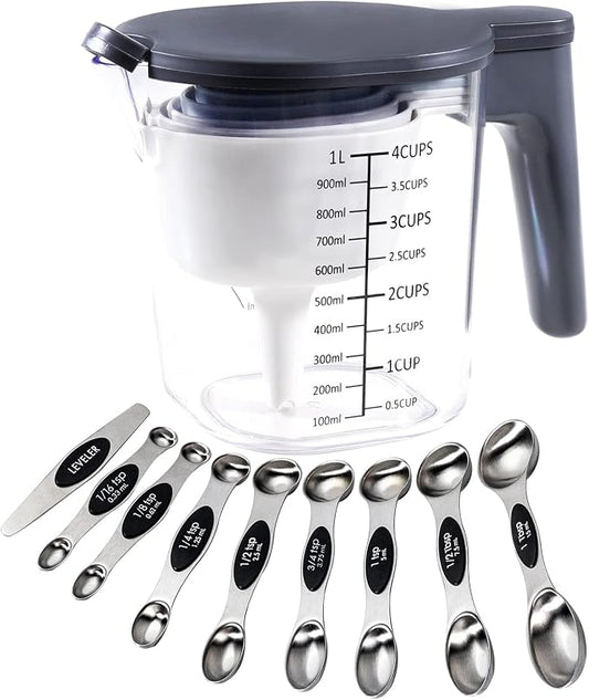 19-Pc Magnetic Measuring Cups and Spoons Set, with Lid, Black | Includes 1 cover, 9 stackable cups set & 9 magnetic spoons, BPA-free & dishwasher safe, for liquid and dry baking gadgets
